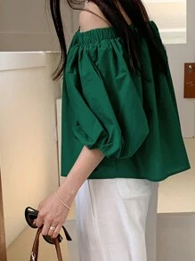DAZY Women's Solid Color Off Shoulder Oversized Short Sleeve Green Blouse Top, Spring/Summer - Green - View 2
