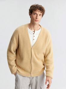 Ontre Men's Solid Color Drop Shoulder Long Sleeve Single-Breasted Casual Knit Cardigan, Fashion Minimalist Style For Valentine's Day, Holiday, New Year Party, Daily Casual, Travel