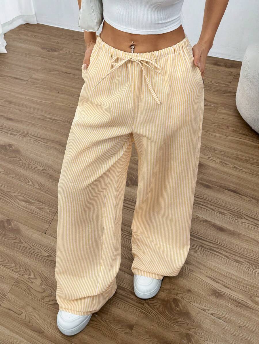 SHEIN EZwear Quần ống đứng kẻ sọc rộng rãi có thắt lưng cho nữ - Màu vàng - Xem 1