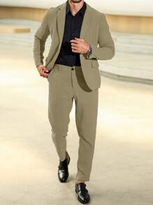Calvornis Men's Simple Notched Collar Long Sleeve Top & Long Pants Suit Set - Khaki - View 4