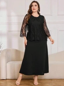 Lacomfia Elegant Round Neck Lace Net Plus Size Dress - Black - View 1