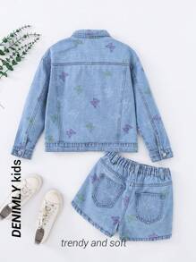 2pcs Girls Casual Basic Commuter Cute Print School Style Comfortable Denim Set - Medium Wash - View 2