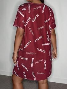 SHEIN LUNE Plus Size Women Round Neck Short Sleeve Casual Letter Print T-Shirt Dress Summer Outfits For Women Summer Boho Old Money - Red - View 2