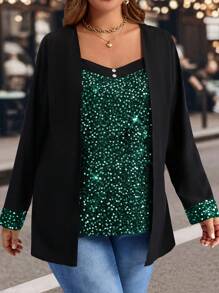 EMERY ROSE Plus Size Women Black 2 In 1 Shirt, Autumn/Winter - Dark Green - View 6