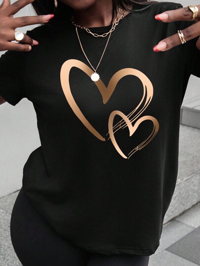 Maweii Plus Size Heart Printed Round Neck Short Sleeve T-shirt, Graphic Tee, Damski Letni Top