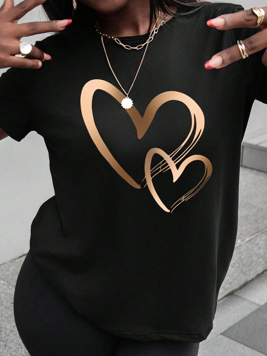 Maweii 大码心形印花圆领短袖 T 恤、图案 T 恤、女式夏季上衣 - 黑色 - 查看 1