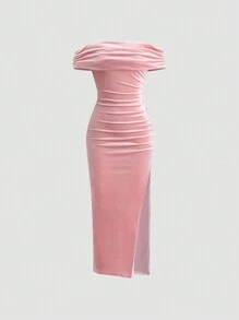 Sweetra Vestido ajustado de terciopelo con hombros descubiertos y abertura - Rosa - Ver 1