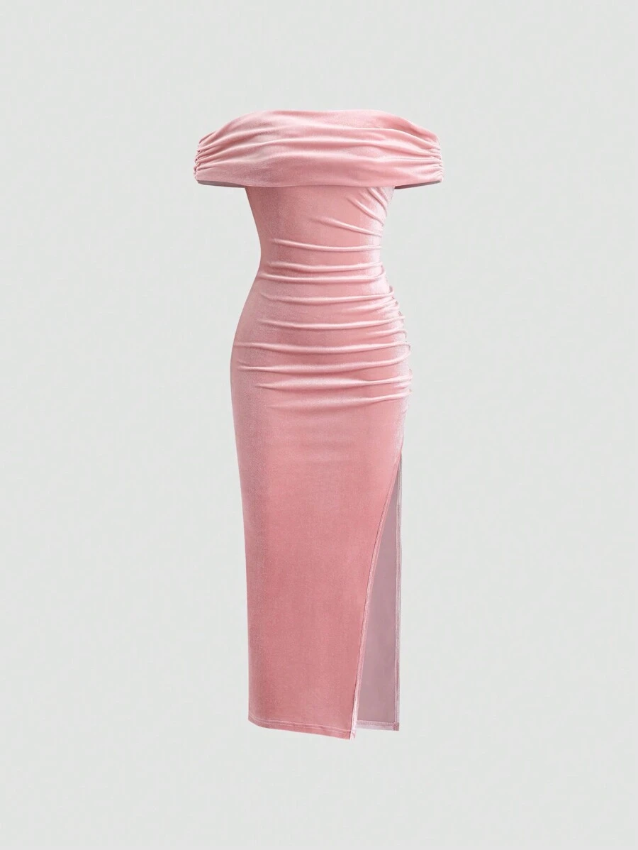 Sweetra Vestido ajustado de terciopelo con hombros descubiertos y abertura - Rosa - Ver 1