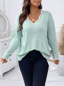 Calvaya Plus Scallop Trim Drop Shoulder Sweater, For Winter Knit Pullover Fall Sweater - Baby Blue - View 8