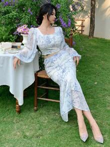 DAZY 两件套女士全印花方领灯笼袖短款衬衫和鱼尾裙套装，荷叶边，秋季女装复活节 - 藍色 - 查看 9