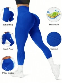 SHEIN Core Rhythm Solid Color Minimalist Fashion Athletic Leggings, Casual Daily Wear Yoga Women Pants - Blue - View 1