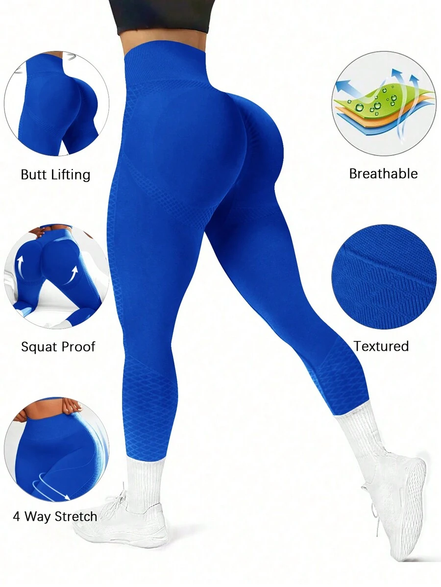 SHEIN Core Rhythm Solid Color Minimalist Fashion Athletic Leggings, Casual Daily Wear Yoga Women Pants - Blue - View 1