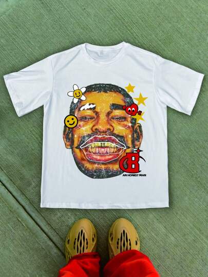 Manfinity Roghcode Hombres Estampado de cara sonriente, estrella, serie joven, cabeza agrandada con dientes y amor