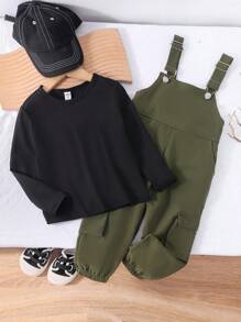 SHEIN 2 件套年轻男孩军绿色松紧腰吊带裤和基本款黑色长袖 T 恤，秋冬 - 綠色 - 查看 5