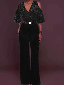 INAWLY 女士闪光露肩宽腿宽松连身裤，优雅适合派对和场合 - 黑色 - 查看 3