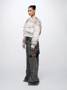 SUMWON WOMEN Designer Tie Dye Bomber Outerwear Zip Up Jacket Fall Winter Casual Style Fashion Windbreaker With Pockets Relaxed Fit Streetwear