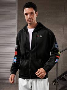 Manfinity Sport Corelite Chaqueta deportiva con capucha con cremallera delantera y cordón, de manga larga con estampado de letras para hombre - Negro - Ver 1