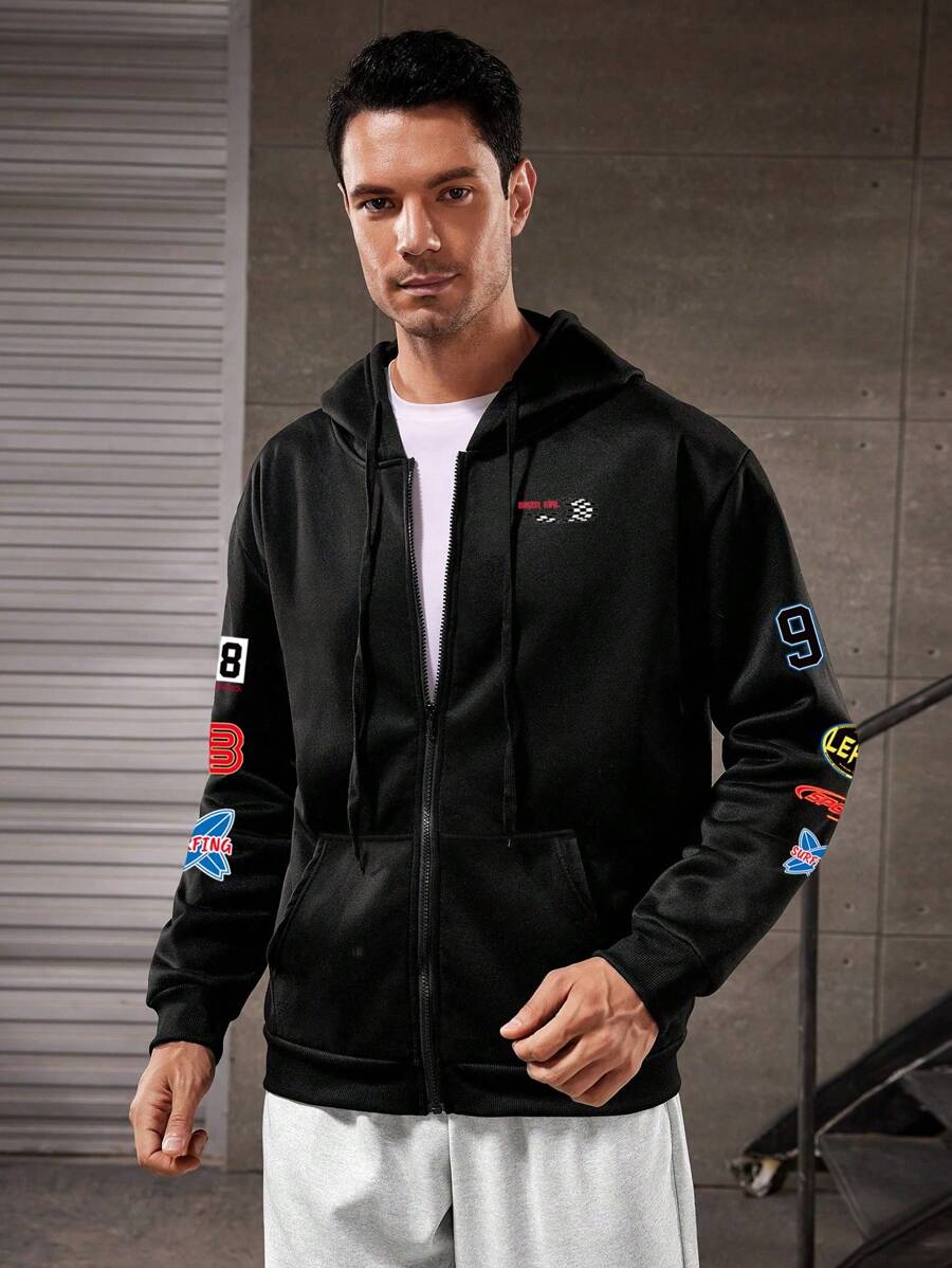 Manfinity Sport Corelite Chaqueta deportiva con capucha con cremallera delantera y cordón, de manga larga con estampado de letras para hombre - Negro - Ver 1