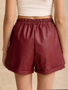 SHEIN Frenchy Women Solid Color Elastic Waist PU Leather Loose Casual Shorts