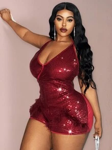 Slaydiva Plus Size Women Holiday Solid Color Sequin Decorated Romper,Valentine's Day