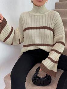 EURMUSE Women's Turtleneck Ribbed Ribbed Print Casual Long Sleeve Sweater - Dusty Pink - View 4