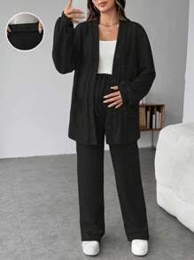 SHEIN Maternity Solid Drop Shoulder Coat And Drawstring Waist Pants Two Pieces Sets, Suitable For Autumn And Winter - Black - View 1