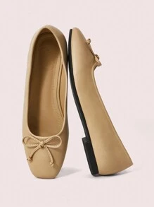 CUCCOO DOLLMOD Women's Solid Color Minimalist Square Toe Flat Vintage Style Casual Shoes - Apricot - View 2