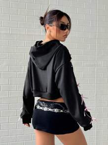 StreetHx 女士秋冬黑色镂空粉色蕾丝蝴蝶结装饰甜美酷炫街头连帽衫