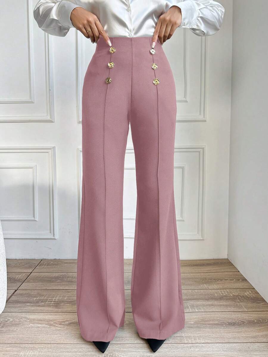 SHEIN Cottnline 女式纯色纽扣直筒休闲裤 - 藕粉色 - 查看 1