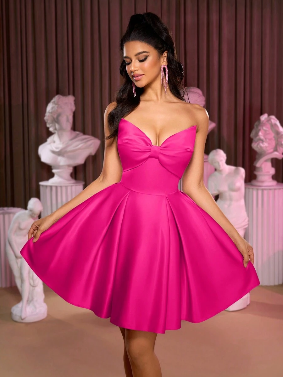 Lovelzi 优雅华丽的蝴蝶结荷叶边露背连衣裙，适合返校节、婚礼、社交活动、派对、节日、舞会、婚礼宾客礼服 - 玫紅色 - 查看 1