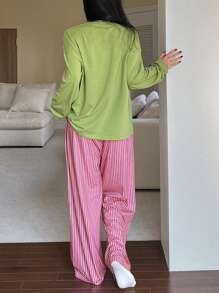 DAZY Women Casual Letter Graphic Print Decor Top & Striped Loose Pajama Set, Spring, Fall Winter Clothes Pajama - Green - View 2