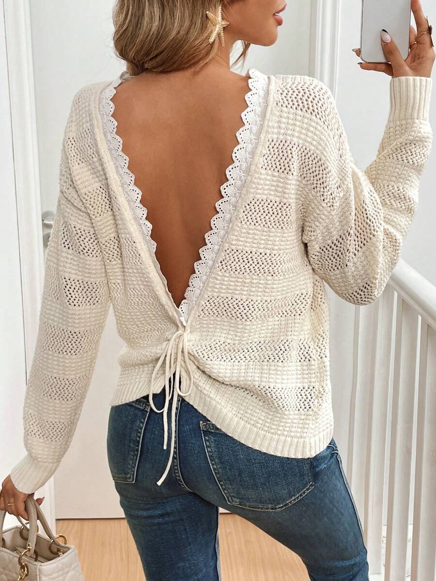 SHEIN Frenchy 女士蕾丝边休闲套头毛衣，简约时尚，适合日常穿着 - 杏色 - 查看 1