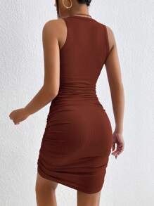 SHEIN Essnce Đầm suông không tay bó sát màu trơn đơn giản thường ngày - Rỉ Nâu - Xem 2