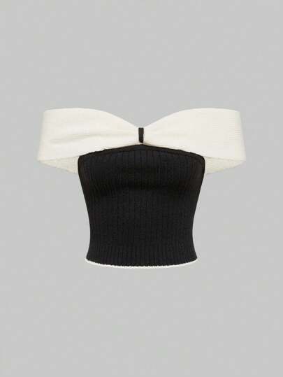 Kawaii Maglietta a maniche corte a spalle scoperte con fiocco a farfalla in maglia per donna