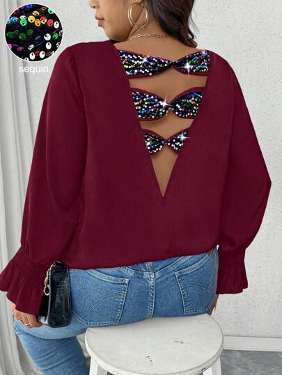 Calvaya Plus Size Women Sequin Patchwork, Bowknot Decor Back, V-Neck Crop Top, Ruffle Sleeve Blouse, Valentine's Day