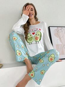 Ensemble de pyjama pour femmes avec haut à manches longues et pantalon long, imprimé avocat