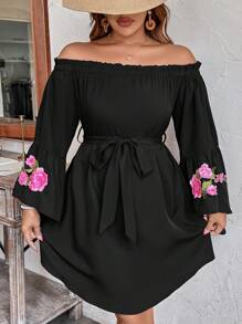 SHEIN Clasi Plus Size Women Off Shoulder Floral Loose Mini Dress,Black,Autumn,Elegant,Formal,Evening,Tea Party,Valentine's Day,Thanksgiving,Christmas,Easter,Party - Black - View 7