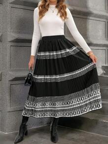 SHEIN Clasi Elegant Casual Black Geometric Patterned A-Line Skirt For Women Fall Cloth For Women - Black - View 4