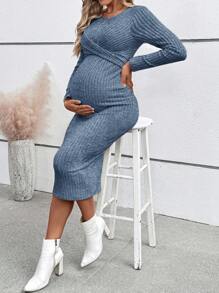 SHEIN Đầm bầu cổ tròn dài tay thường ngày, mặc hàng ngày - Xanh đậm - Xem 2