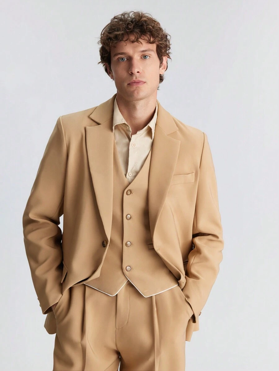 Ontre Men's Spring New Single-Breasted Simple Long Sleeve Blazer Jacket, Versatile For Valentine's Date, Holiday, New Year Party, Business & Casual Occasions - Khaki - View 1