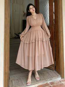 DAZY Đầm dài ngang gối cổ chữ V khoét rỗng tay phồng màu trơn cho nữ, thanh lịch, xếp ly, đầm tay dài, đầm maxi mùa thu. - Hồng - Xem 5