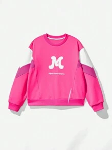 SHEIN Sudadera con cuello redondo y texto gráfico divertido con estilo de bloqueo de color casual urbano para niñas preadolescentes, apropiada para la fotografía callejera urbana y el uso casual diario - Multicolor - Ver 2