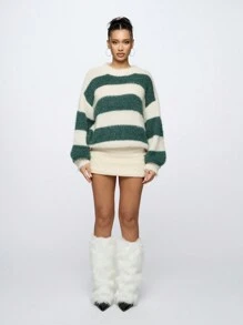 MISSGUIDED 毛绒针织超大条纹套头衫冬季毛衣舒适温暖假日柔软套头衫秋季时尚长袖针织衫 - 彩色 - 查看 6