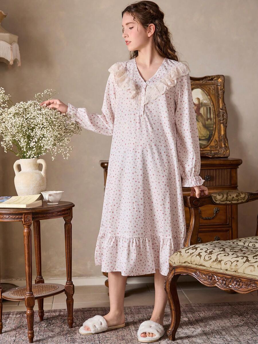 少女碎花长袖睡衣，简约粉色 - 粉色 - 查看 1