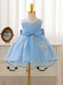 Glamorique Kids 圣诞派对装女婴蓝色亮片网纱薄纱拖尾连衣裙配大缎带蝴蝶结，女婴生日派对，周年纪念礼服 - 淺藍色 - 查看 2