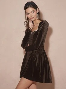 Enchnt 女士水钻饰边甜心领长袖迷你时尚连衣裙 - 咖啡棕 - 查看 3