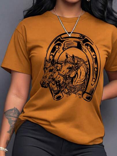SHEIN LUNE Plus Size Women Short Sleeve Casual T-Shirt With Wild Horse Pattern Print And Round Neck, Graphic Tee, Women Summer Top