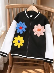 SHEIN Tween Girl' Colorful 3D Flower Bomber Jacket, Collegiate Style, Casual Autumn/Winter - Black - View 1