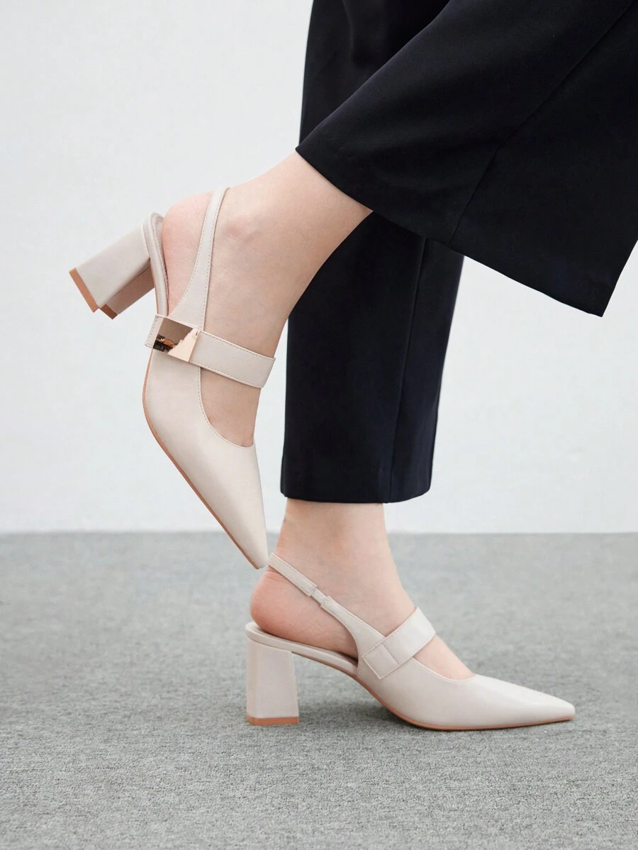 CUCCOO BIZCHIC Sandalias de tacón alto grueso y puntera puntiaguda, cómodas y de moda, con hebilla cuadrada de color marfil - Beis - Ver 1