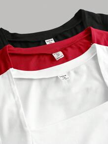 SHEIN Leap Crew 少女春夏情人节~清新少女风黑/白/红针织收腰方领短袖T恤上衣/优雅基础款/多件搭配情人节/休闲日常运动上衣/方领/收腰 - 彩色 - 查看 3